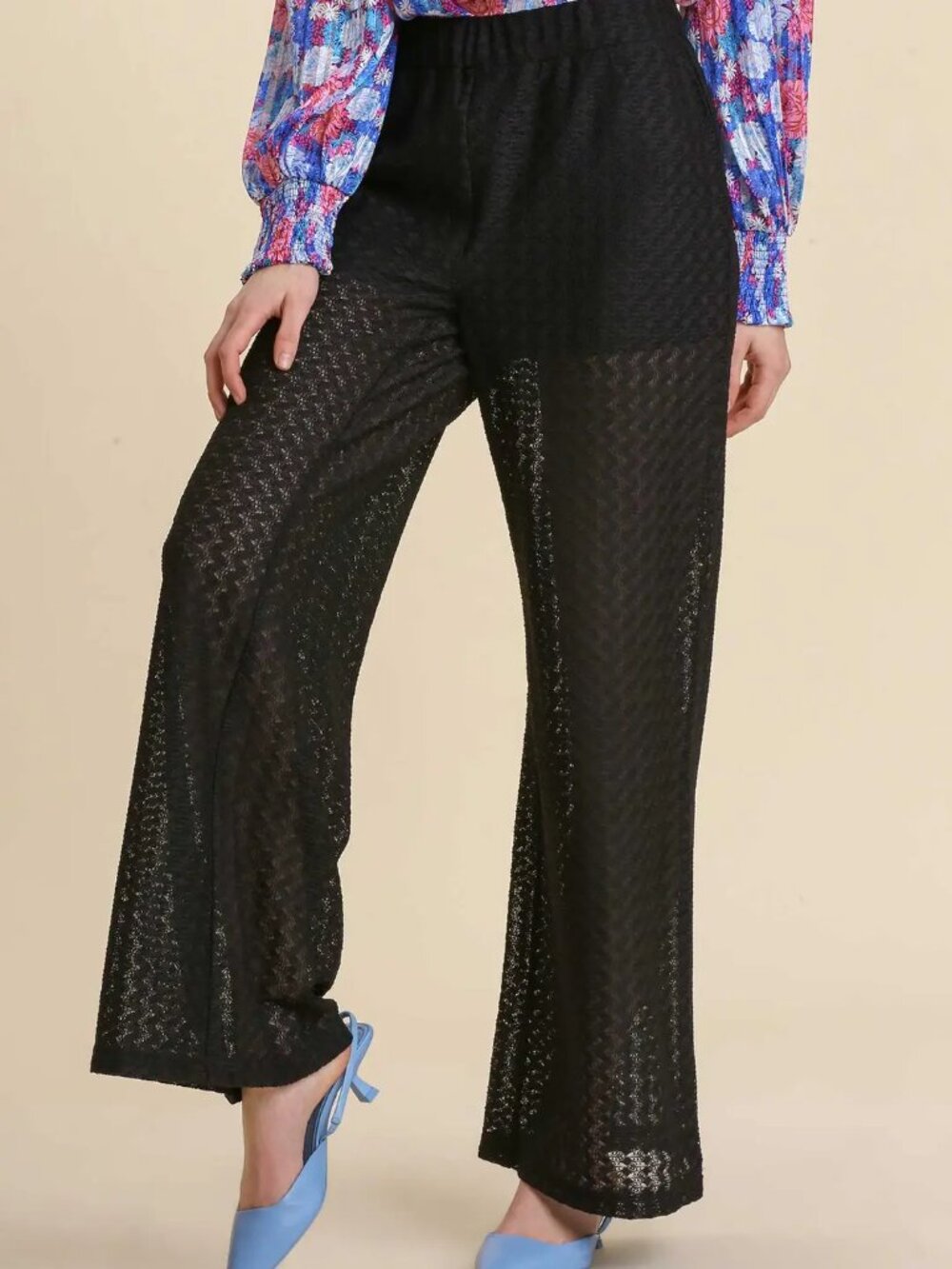B21 Umgee Sheer Elastic Waist Lace Detail Palazzo Pants in Black NEW